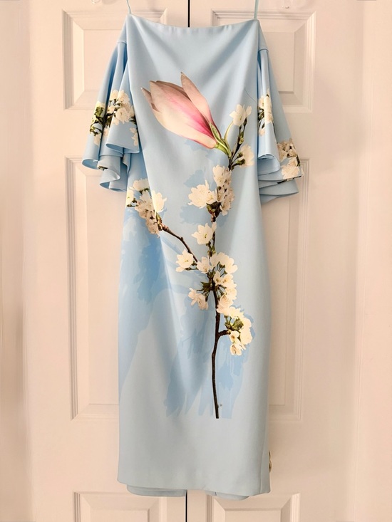 Ted Baker London Dresses & Skirts - Ted Baker London Light Blue Floral Off-Shoulder Midi Dress with Pink Blossom